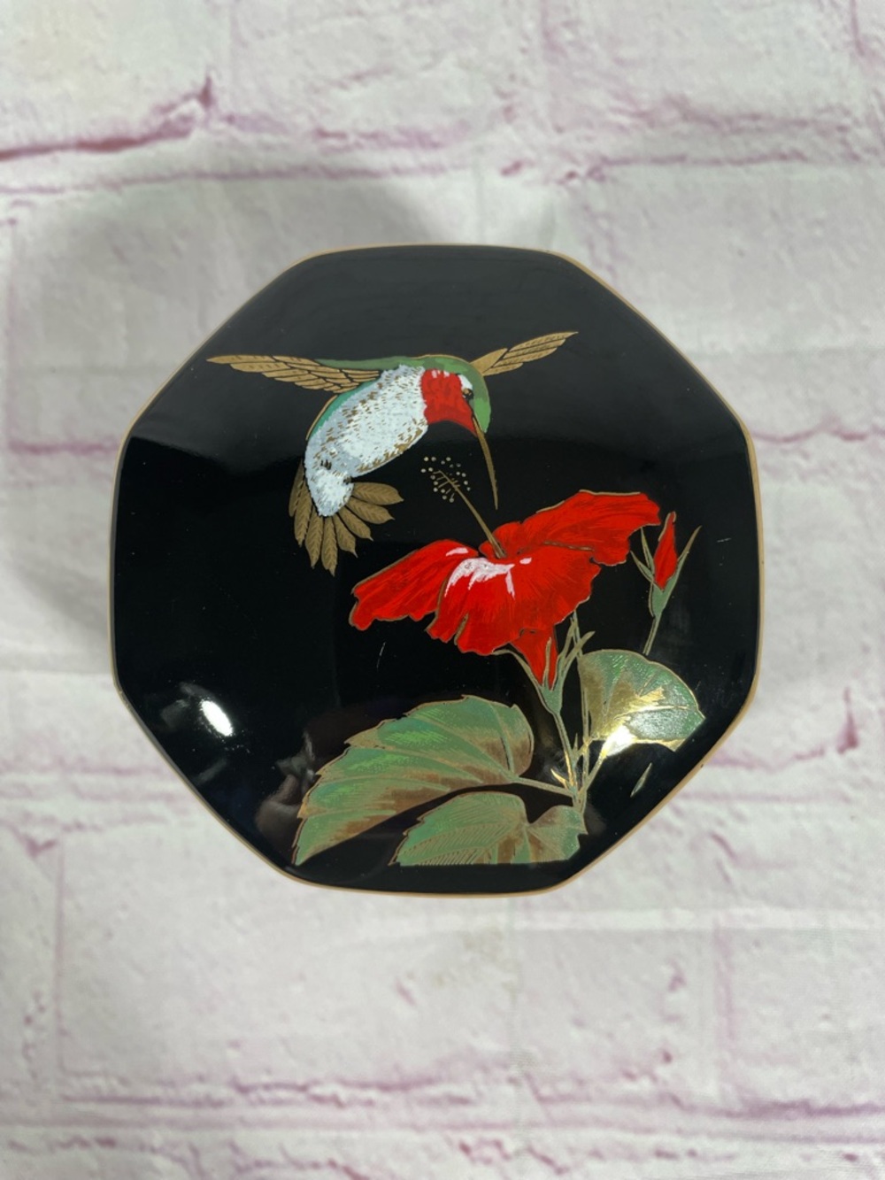 Vintage Otagiri Japan Hummingbird Hibiscus Gold Gilt Octagonal Trinket Box